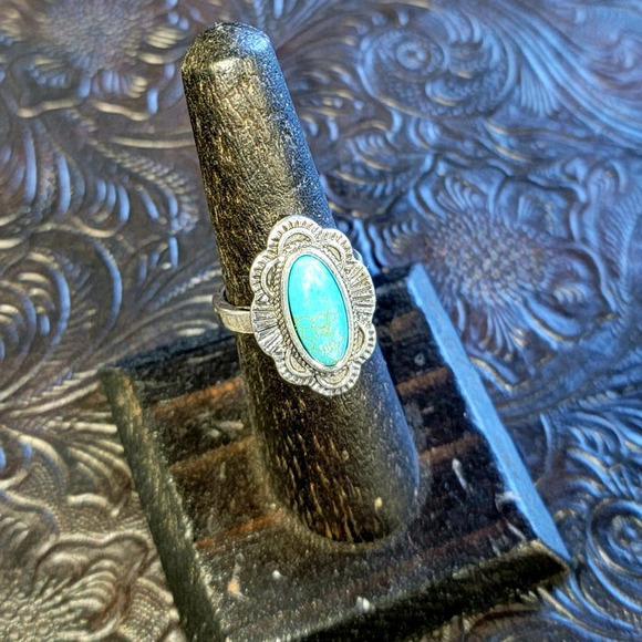 Punchy Western Turquoise Ring Antique Lightening Bolt Native Floral Burst Floral - Picture 3 of 10